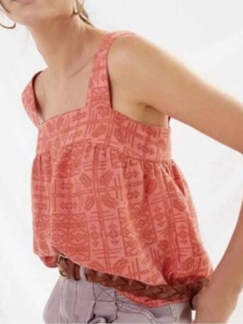 Anthropologie Coral Patterned Square-Neck Tank Top